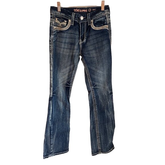 Rebel & Soul Bootcut Denim Jeans W/ Rhinestone Pocket Detail Womens Size 31 - Picture 1 of 5